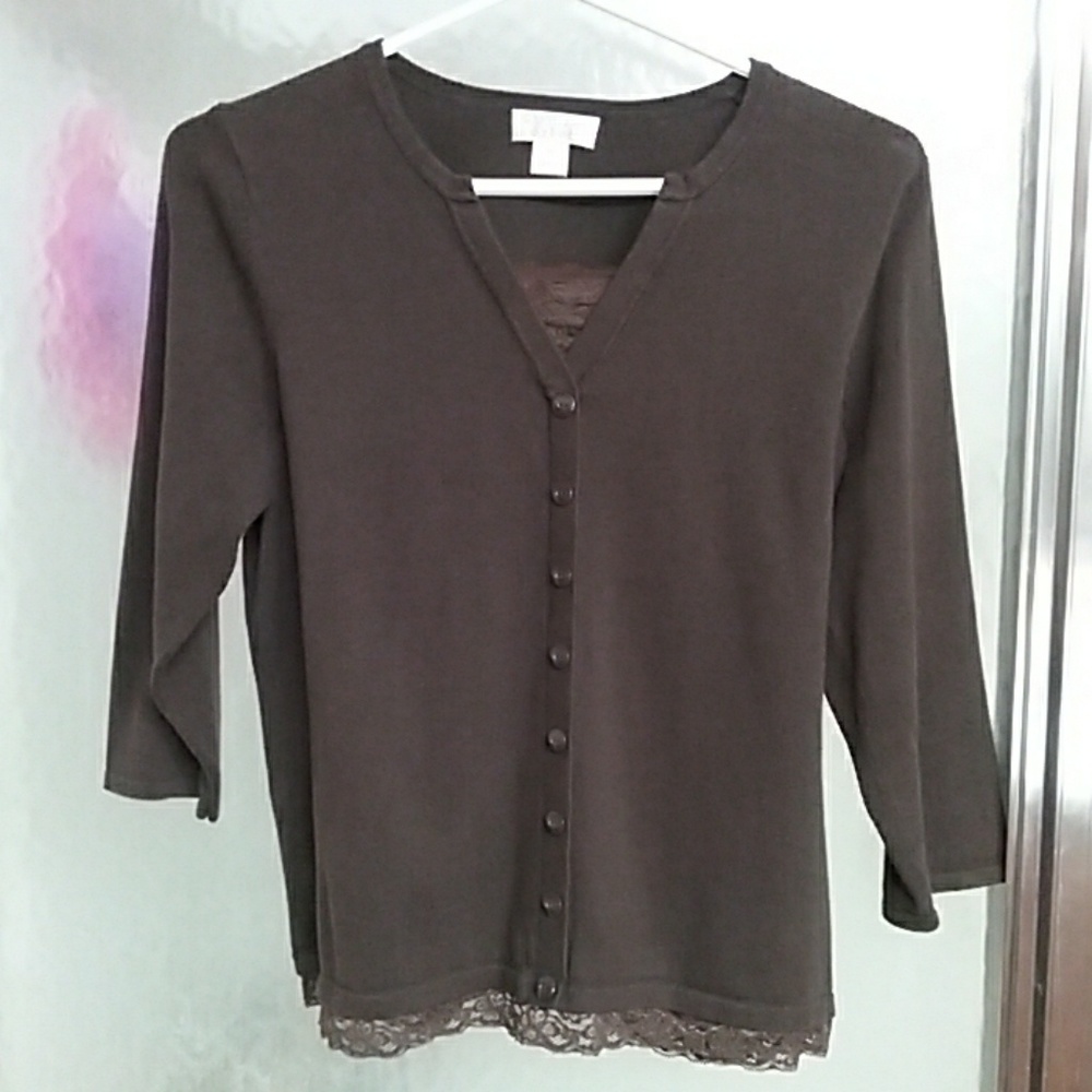 Brown Christopher & Banks 3-4 sleeve shirt w lace